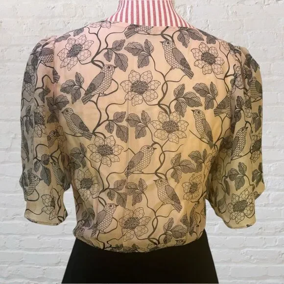 Anthropologie Whimsical Silk Dress Birds Flowers Retro Pencil Eva Franco Size 4 - Picture 7 of 10
